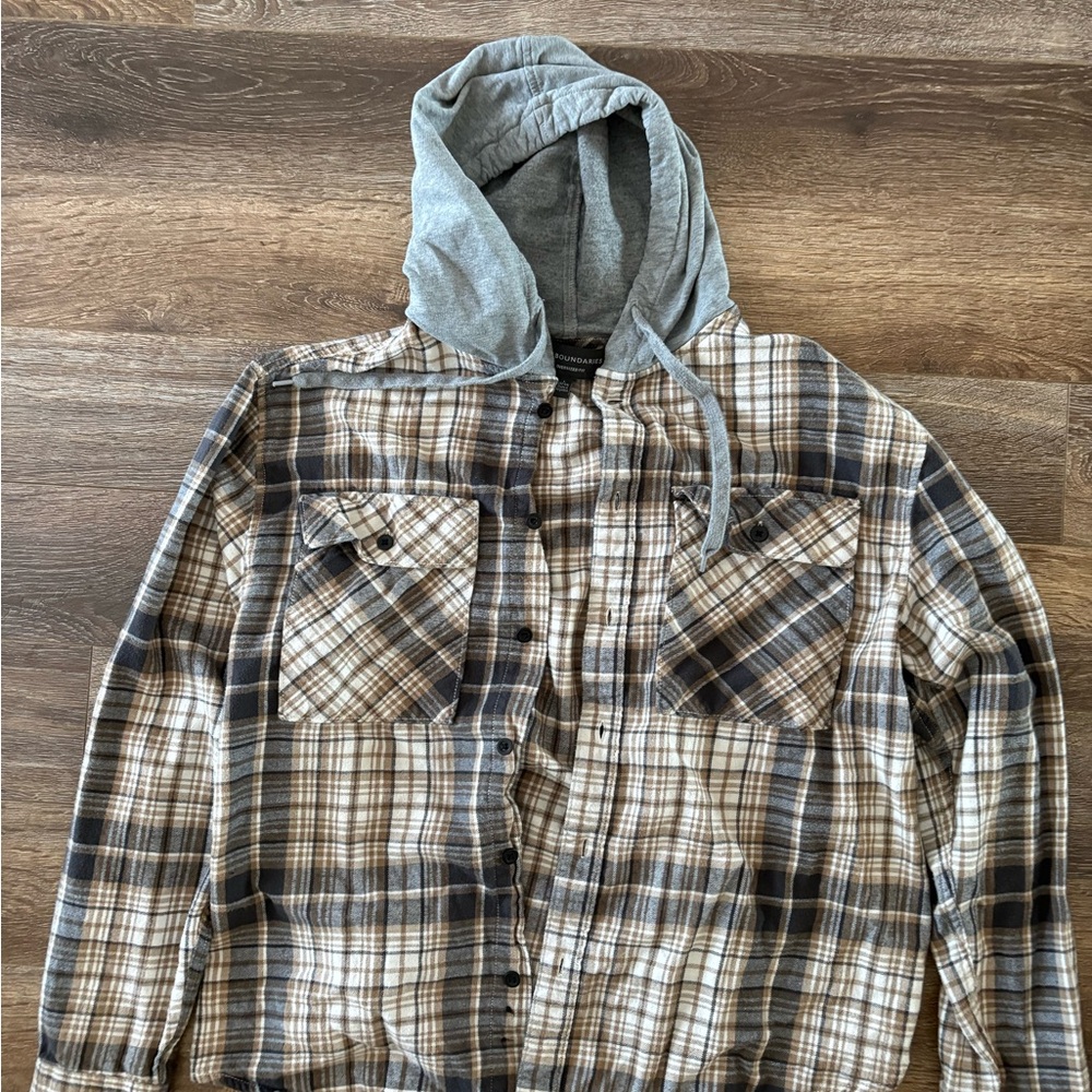 No Boundaries Brown Plaid Hooded Shirt